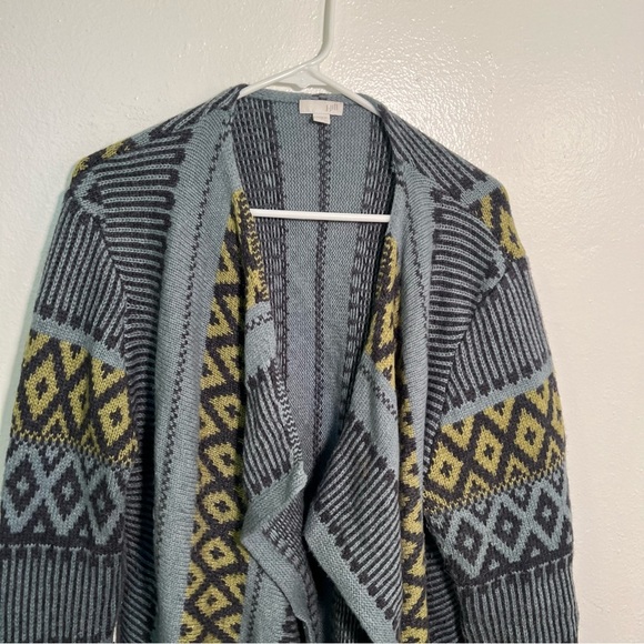 J. Jill Open Front Waterfall Cardigan Blue Green Geometric L - Picture 4 of 12
